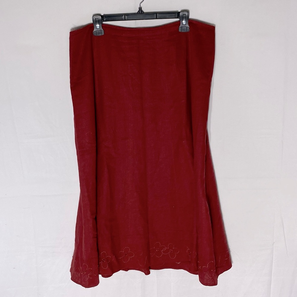 Vintage Vanity Fair Red Linen Blend Midi Skirt W Beaded Flowers Near Hem XL Boho